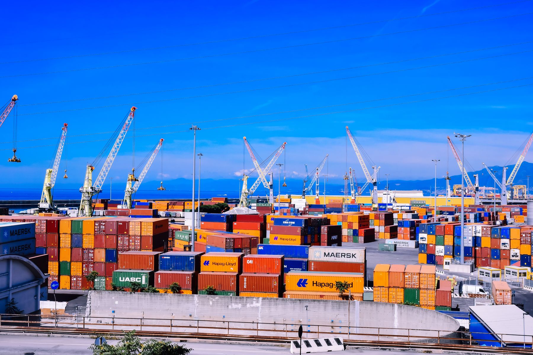 Freight containers and cargo cranes at a shipping port